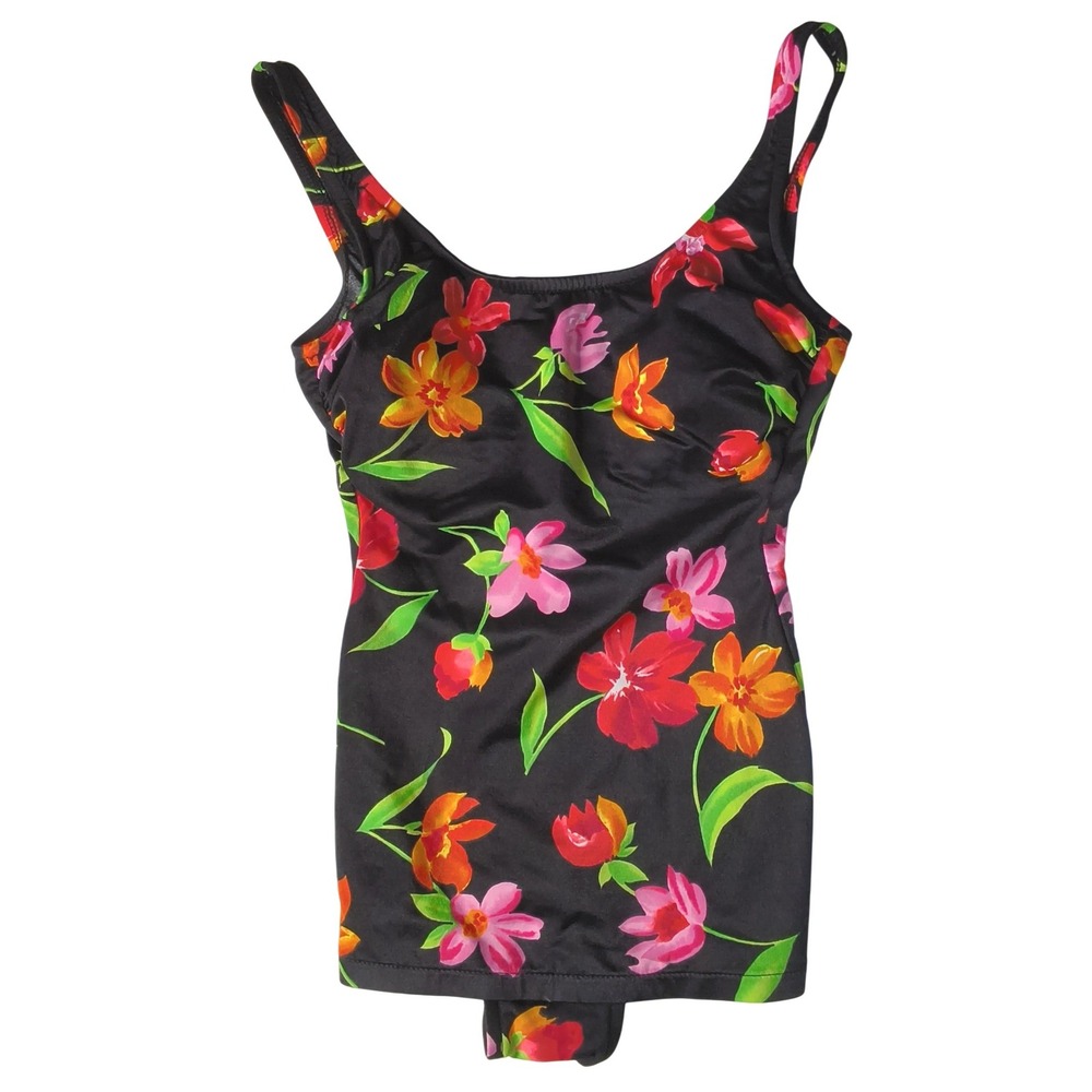 Beach Cabana Swimsuit Womens Medium Black Floral Scoop Neck Vintage‎
